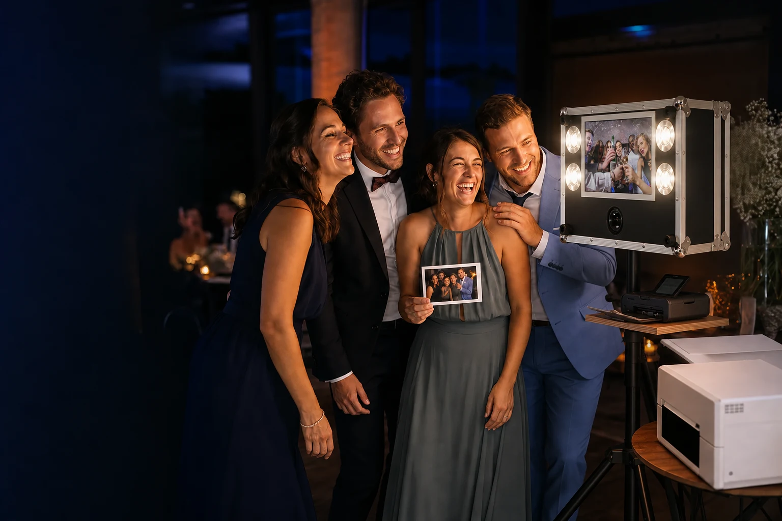 Freunde posieren auf einer Hochzeit lachend an einer Fotobox