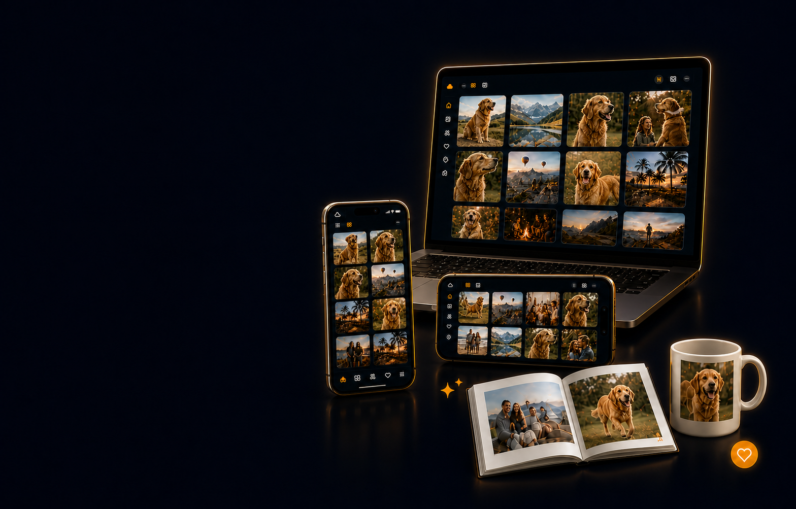 Laptop, hochkantes Smartphone, quer gehaltenes Smartphone und Druckprodukte mit UBMEMORY Fotogalerien
