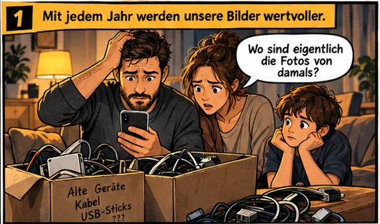 Comic-Kachel 1: Eine Familie sucht alte Fotos auf alten Geräten.