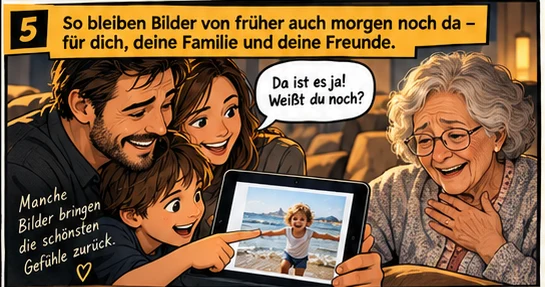 Comic-Kachel 5: Familien sehen alte Bilder gemeinsam wieder an.